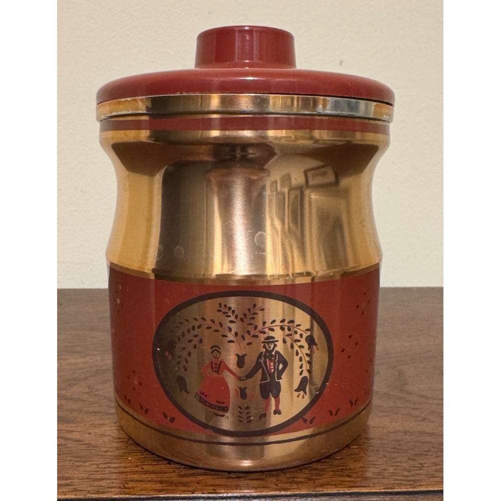 Vtg Kromex Copper-tone Aluminum Canister 'Country Family' Amish-themed 1950-60s